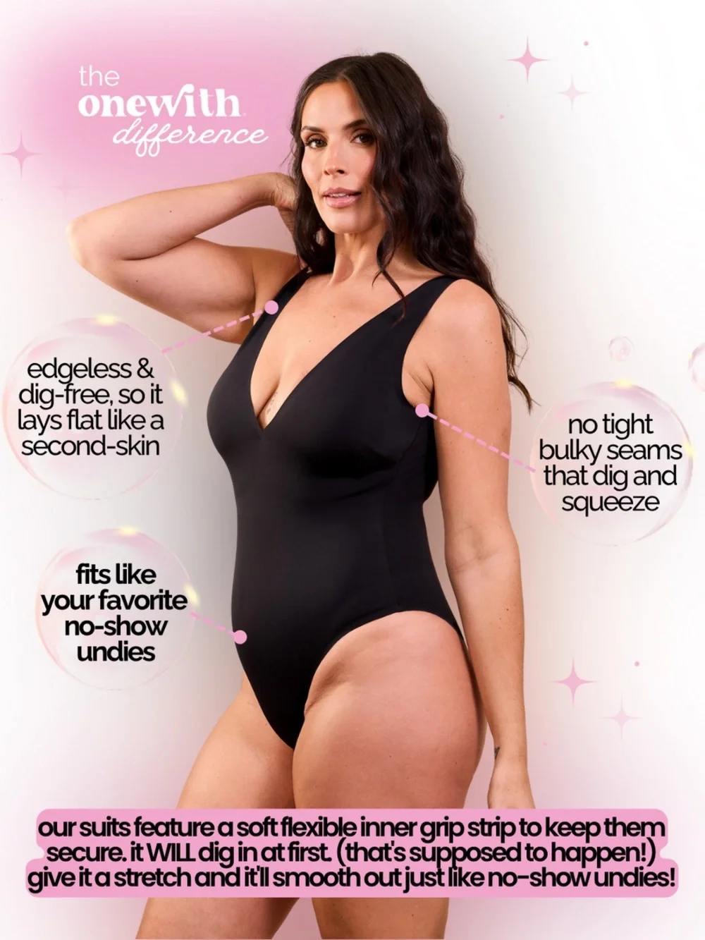 Onewith Bellows Plunge High-Cut One Piece Black Deep V-Neck Seamless Swimsuit L